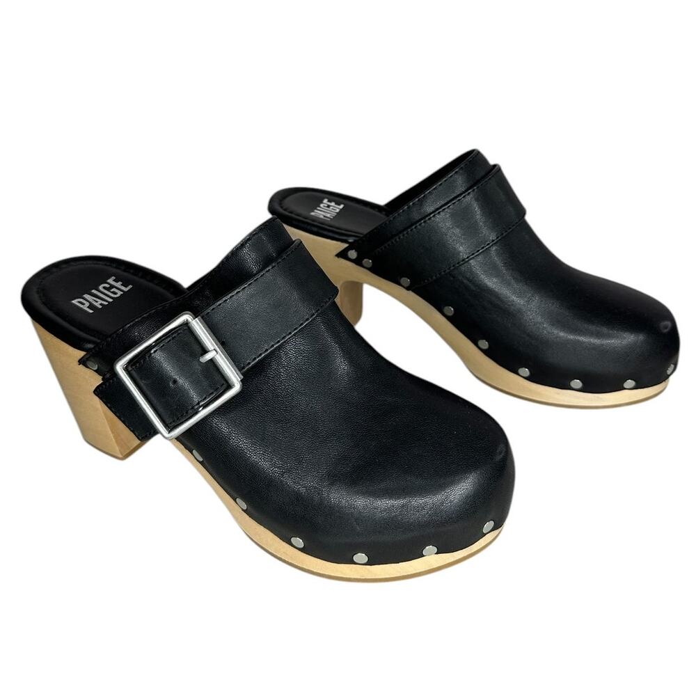 NWOB Paige Rosie Slip On Studded Big Buckle Platform Clogs Leather Black Sz 7.5